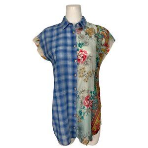 Johnny Was 3J Workshop Blouse S Blue Plaid Floral Silk Blend